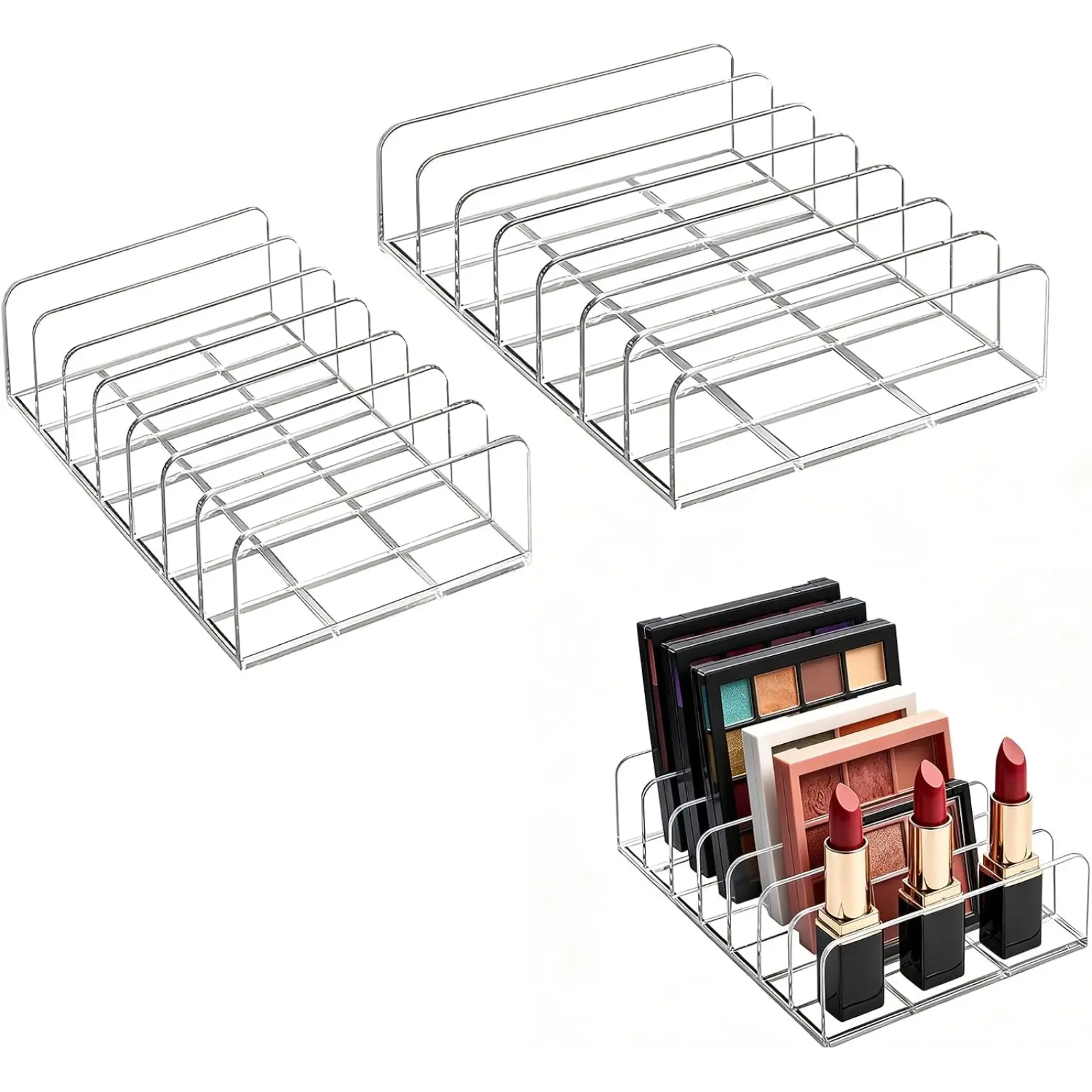 2 Pack Clear Acrylic Makeup Palette Organizer - 7-Slot Eyeshadow, Blush & Powder Storage - Dual-Size Dividers for Vanity, Drawer & Countertop