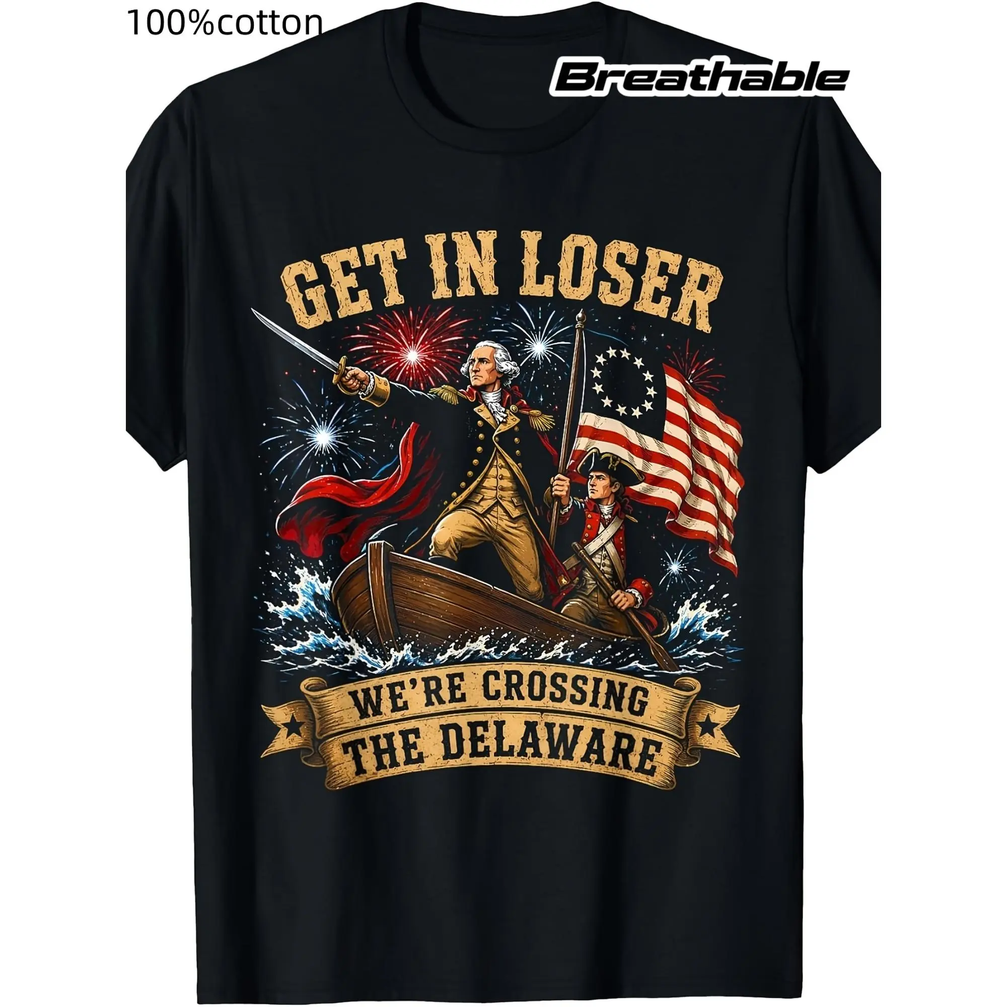 Men's Patriotic Graphic T-Shirt, Funny Delaware River Crossing Print, Casual Soft 100% Cotton Short Sleeve for Fourth of July, Tshirt, Menswear, Patriotic Humor, Machine Washable