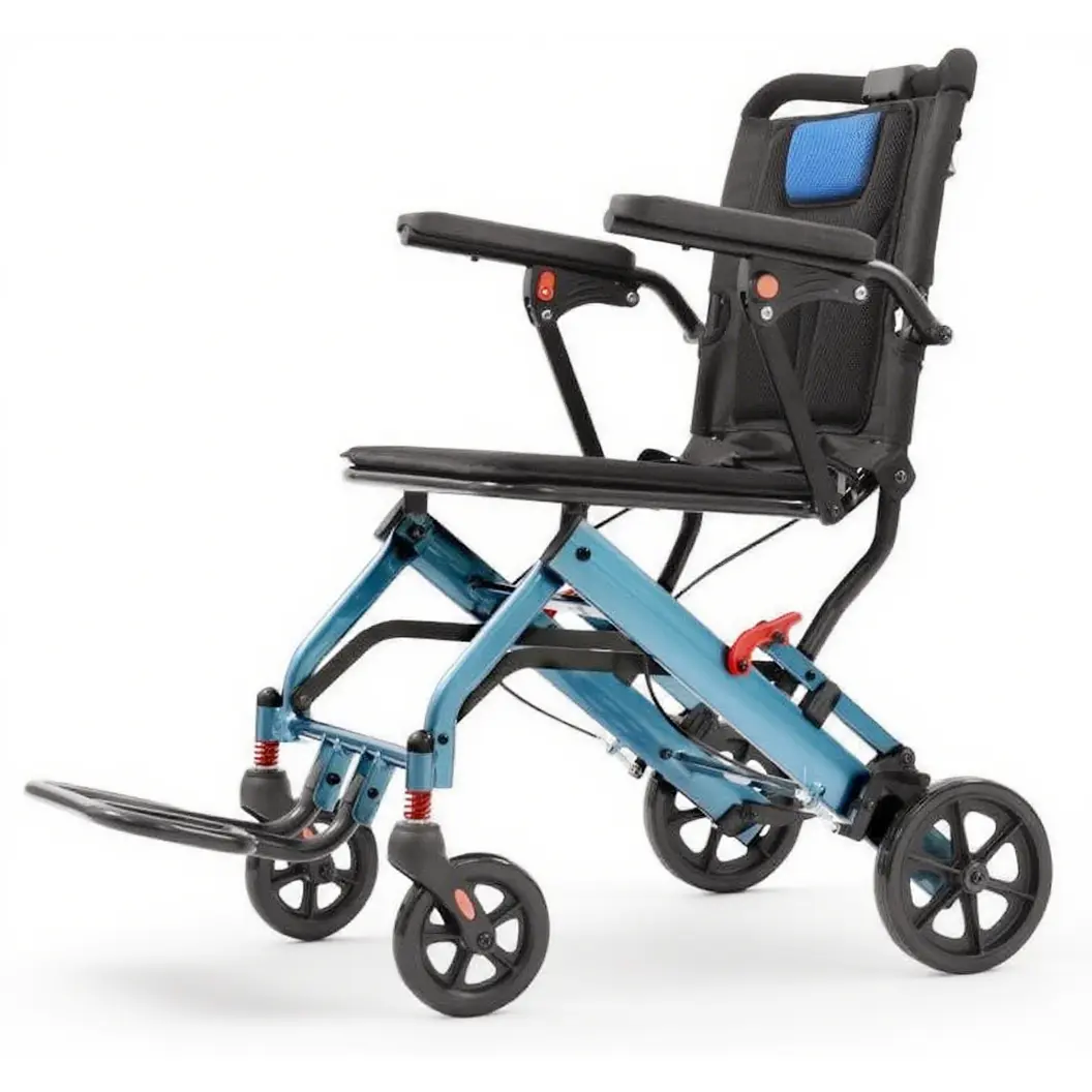 Silla de ruedas de transporte ultraligera plegable - estructura de aluminio resistente - asiento ancho y cómodo - freno de mano seguro - reposabrazos abatibles y reposapiés móvil - ruedas traseras de PVC de 8'' - ideal para adultos y ancianos