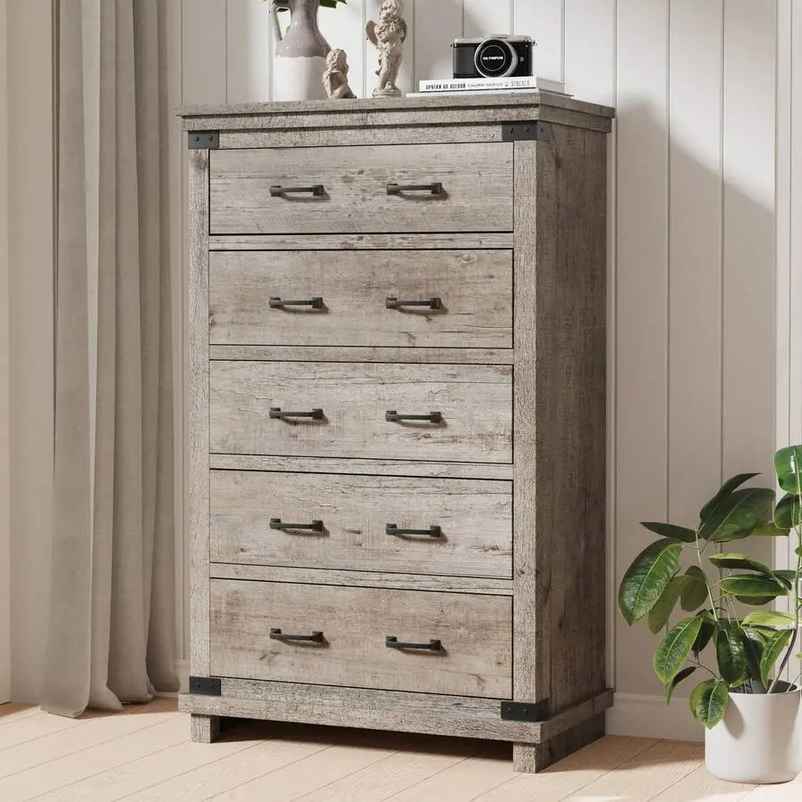 48” Height Wooden Farmhouse 5-Drawer Dresser - Distressed Oak Rustic Chest with Thick Planks, Anti-Tip Heavy-Duty Storage Organizer for Bedroom, Living Space, Easily Built