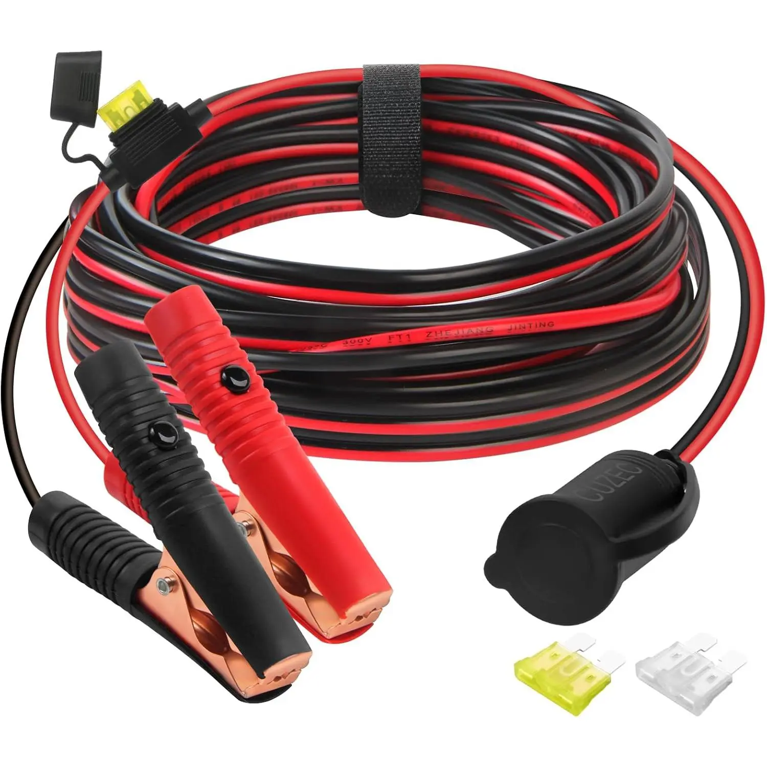 12V/24V Car Battery Extension Cord Set, 14FT/4.27m 14AWG Wire with Battery Clamp, Clip-On & Cigarette Lighter Adapter Plug Socket for Automotive Repair Tools, Cars