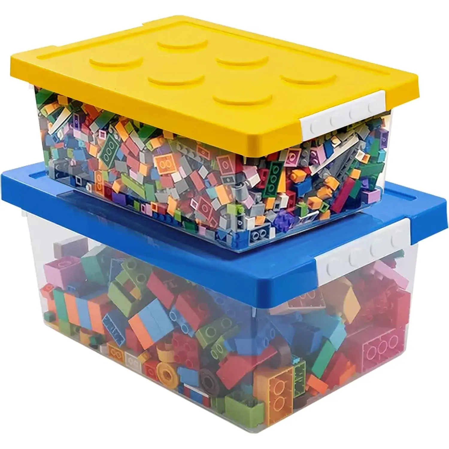 Toy Storage Organizer Set of 2, Clear Stackable Plastic Bins with Snap Lids and Compatible Baseplates for Building Bricks, Playroom, Yellow and Blue