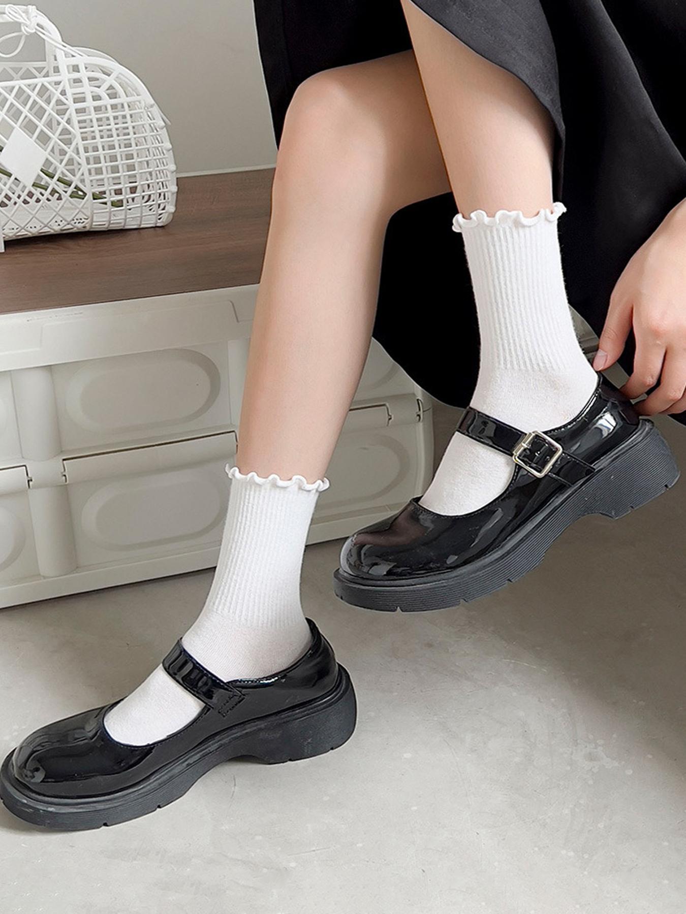 Women's Solid Lettuce Trim Crew Socks, Casual Comfy Breathable Socks for Daily Wear, Multipack Knit Socks for All Seasons