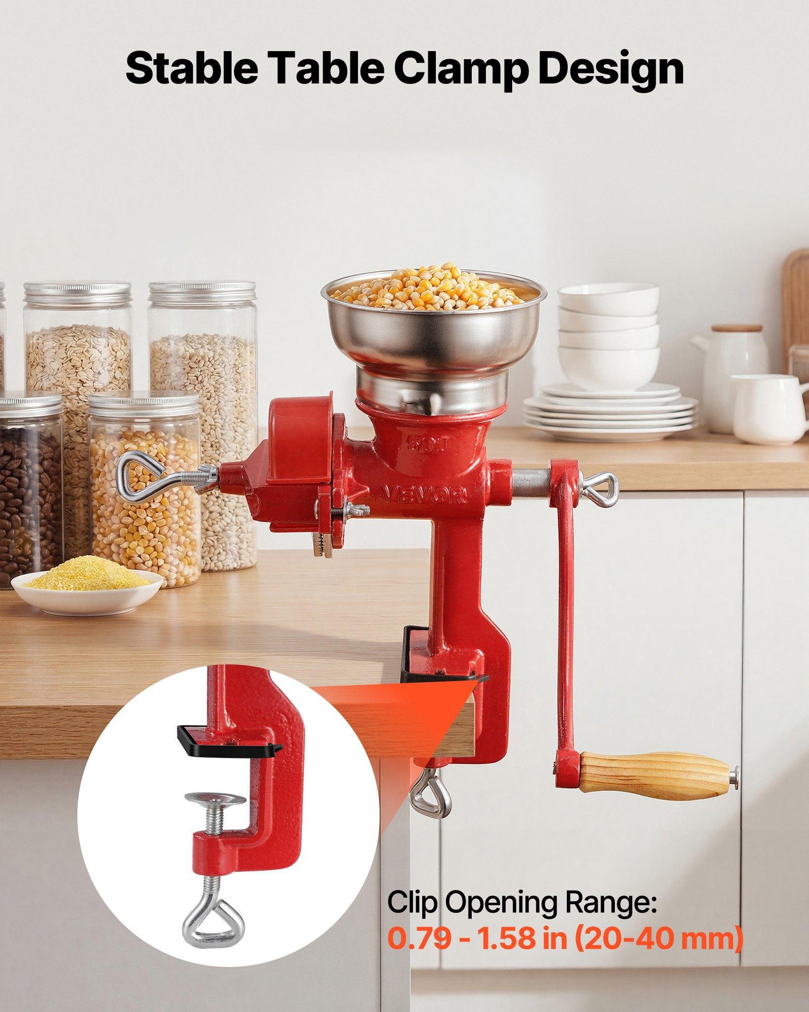 VEVOR Manual Grain Mill with Low Hopper, Hand-Crank Corn Grinder, Heavy Duty Cast Iron Wheat Grinding Mill with Stable Table Clamp & Dust Cover for Grains Spices Coffee Beans Nuts