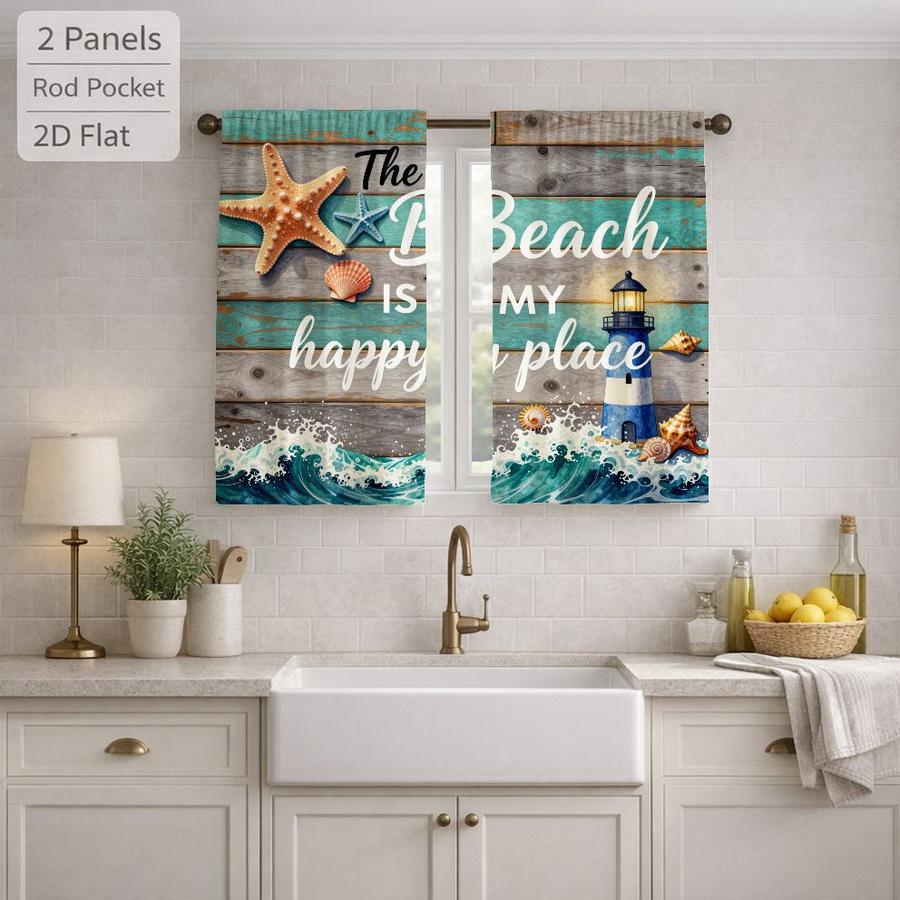 2 Pcs Coastal Beach Lighthouse Starfish Seashell Wave Pattern Digital Printed Rod Pocket Curtains for Bedroom Office Kitchen Living Room Study Home Decor