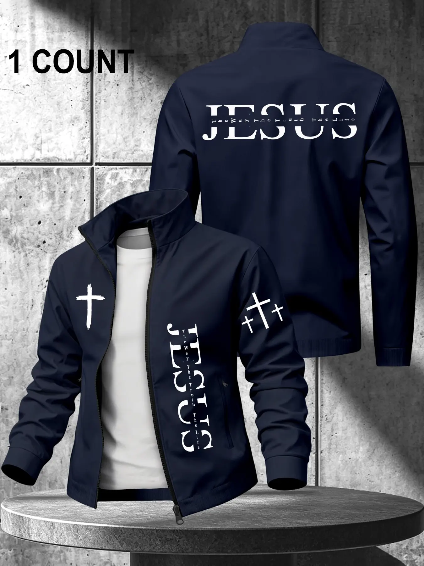 Men's Stand Collar Zipper Jacket, Jesus Cross Letter Print, Faith Theme Casual Coat, Christian Street Style, Side Pockets Outerwear