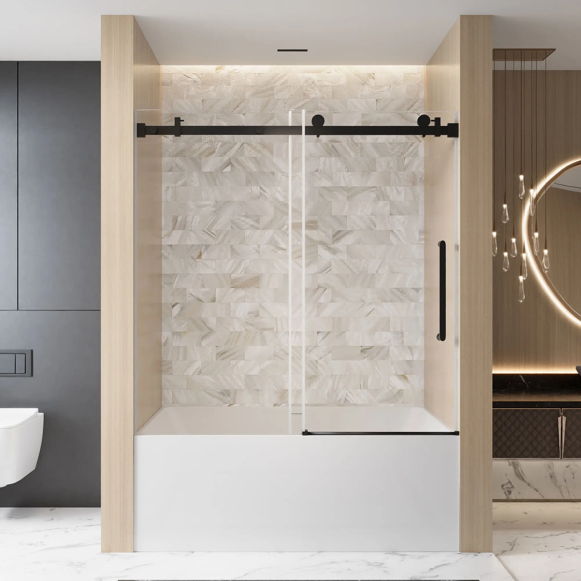 ARCH Frameless Single Sliding Shower Door 56-60" W x 60" H, 1/4" (6mm) Clear Tempered Glass with Explosion Proof Film, Stainless Steel Handle and Square Tube Track, Matte Black Finish, for Bathroom Wet Dry Separation, Matt Black Color Options