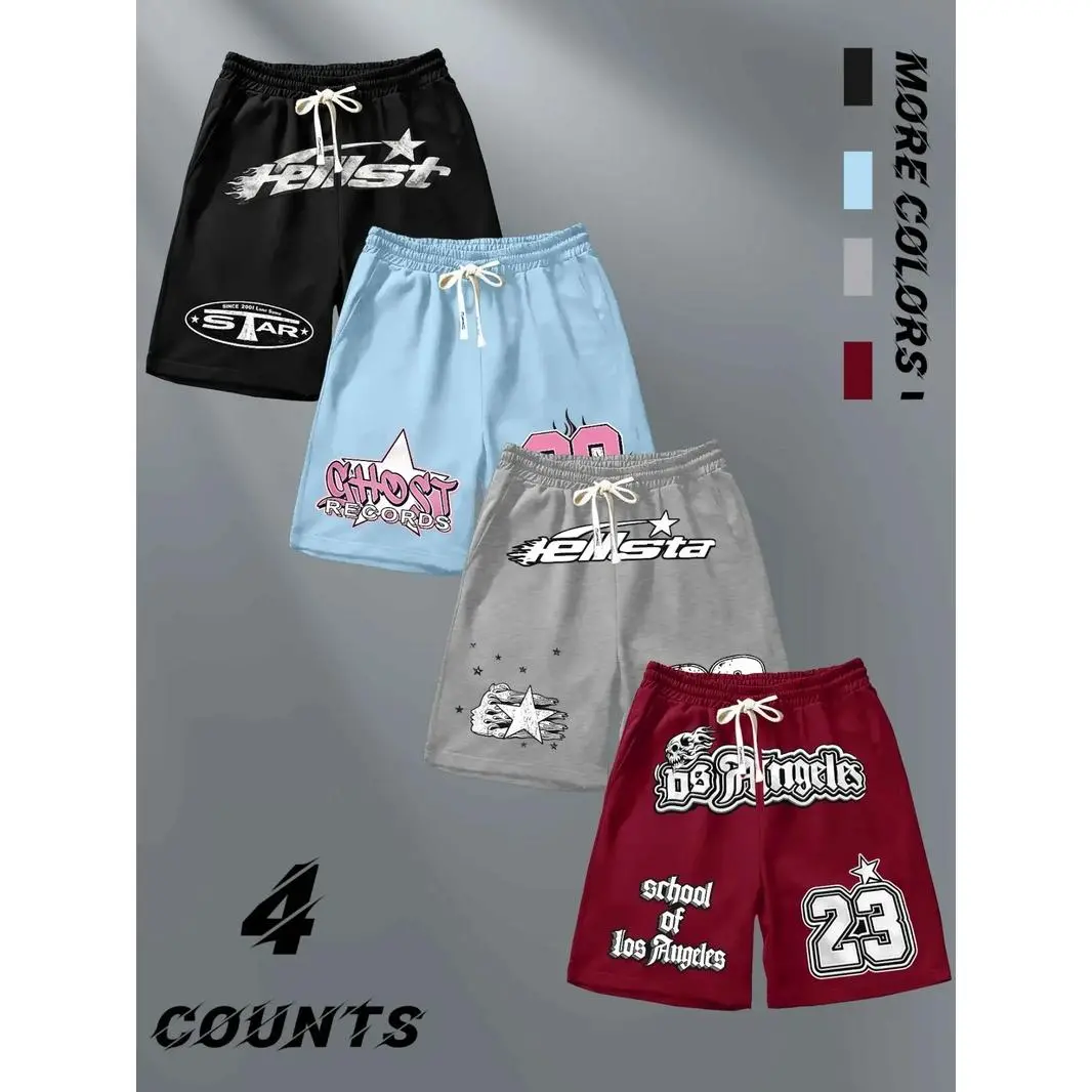 Men's 4-Pack Graphic Shorts, Short Length Retro Streetwear Style, Fitted Cut with Pockets, Soft Breathable Fabric for Athleisure, 4-Pieces, Machine Wash