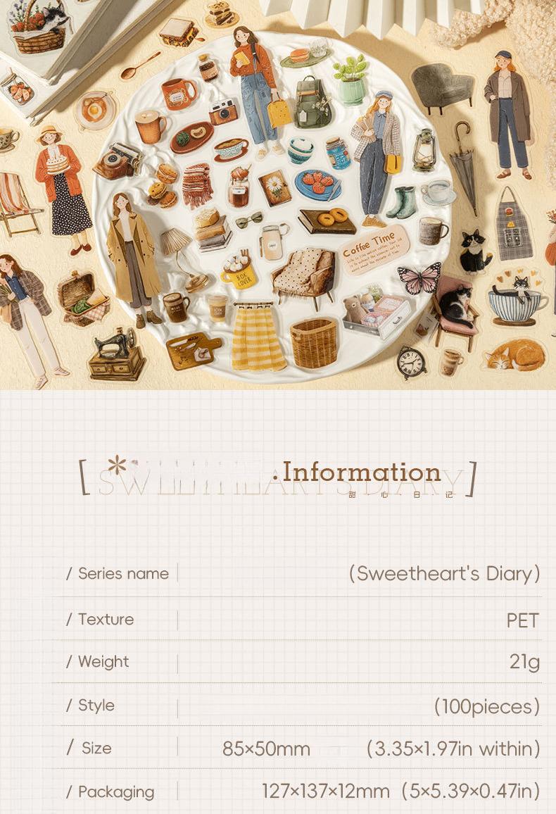 100 piece minimalist large sticker pack featuring characters, flowers, scene product patterns, minimalist style, PET waterproof material, self adhesive, DIY journal decoration, scrapbook notebook materials