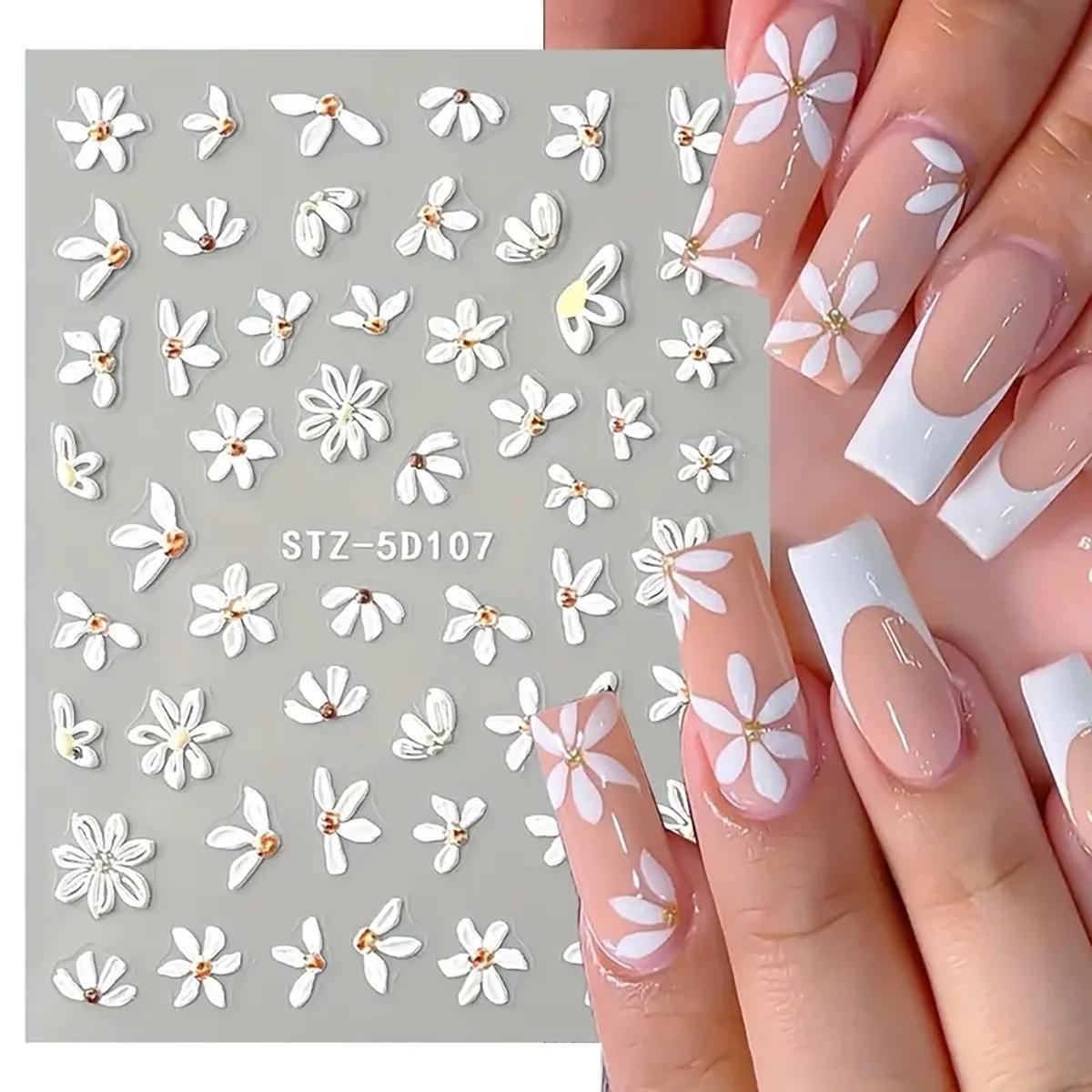 5D Embossed Daisy Design Nail Art Stickers, 6 Counts/set Flower Design Nail Art Decals, Self Adhesive Nail Art Supplies for Women and Girls, Christmas, Christmas Gift