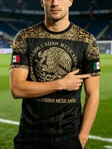 Gold Aztec Maya Totem Eagle Cultural Print Men's Short Sleeve T-Shirt, Mexican Flag Top, Casual Fitted Long T-Shirt, Unlined