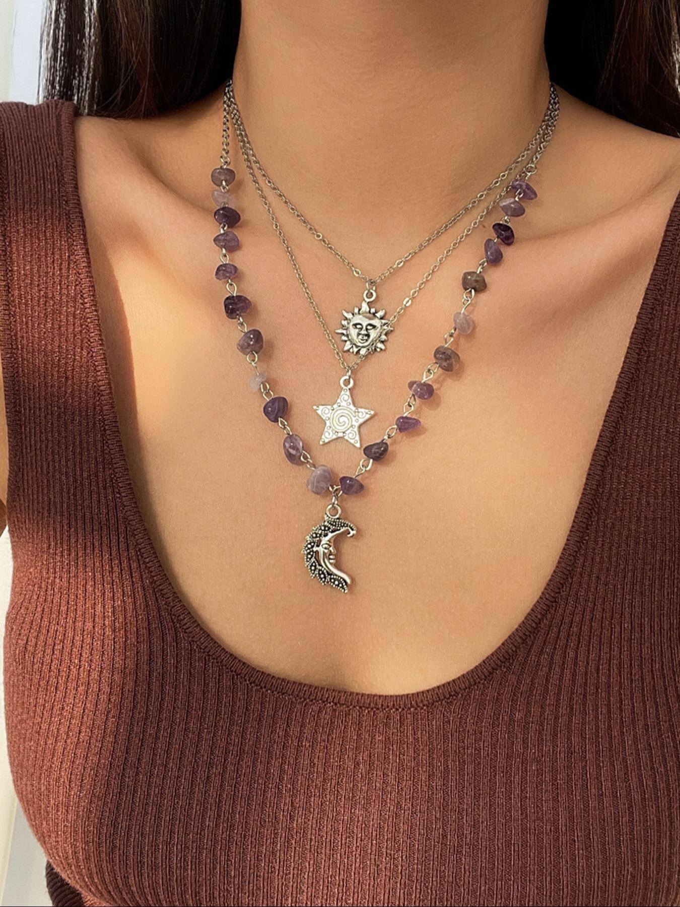 Women's Artificial Crystal & Star & Triple Moon Pendant Necklace, Star Shine Necklace, Jewelry for Party, Exquisite Jewelry for Gift, for Fall, Whimsical Necklace, Unique Gifts for Women, Statement Necklace
