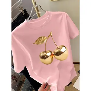 Golden Cherry Printed Women'S Short Sleeve T-Shirt, Fashionable Casual Tee, Noble Feel, Women'S Casual Versatile Top, Daily Fashion | Comfortable Soft Fabric | Spring/Summer Women'S T-Shirt