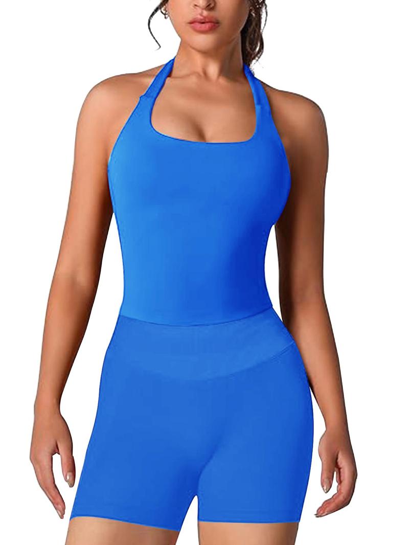 Women's Two-Piece Solid Color Halter Top & High Waist Shorts Sports Set, Sporty Breathable Quick Drying Outfits for Yoga, Gym Workouts and Running, Ladies Sportswear for Summer, Pilates Yoga Wear
