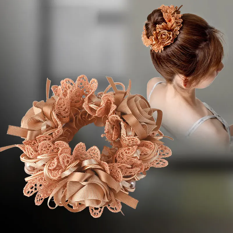Retro Lace Floral Hair Scrunchie Elegant Ruffled Lace Flower Hair Scrunchie, Retro Satin Rose Decor Hair Band, Soft Large Elastic Bun Holder for Daily & Occasion - Ideal for Formal Banquet, Wedding, Office Daily, Bridal Hairstyle & Vintage Outfits camping