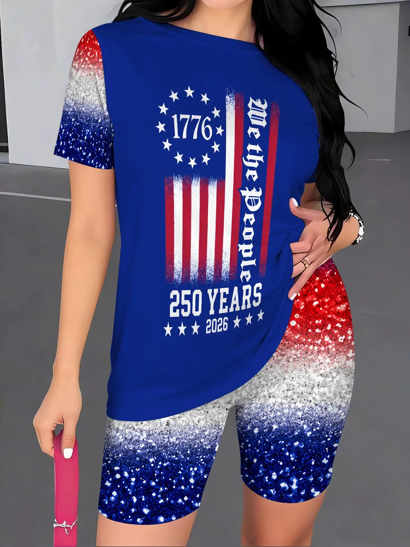 Women's Patriotic Flag Print Casual Athletic Sportswear Set, Round Neck Short Sleeve T-Shirt & Motorcycle Tight Shorts, Elastic Polyester Blend, Clothes