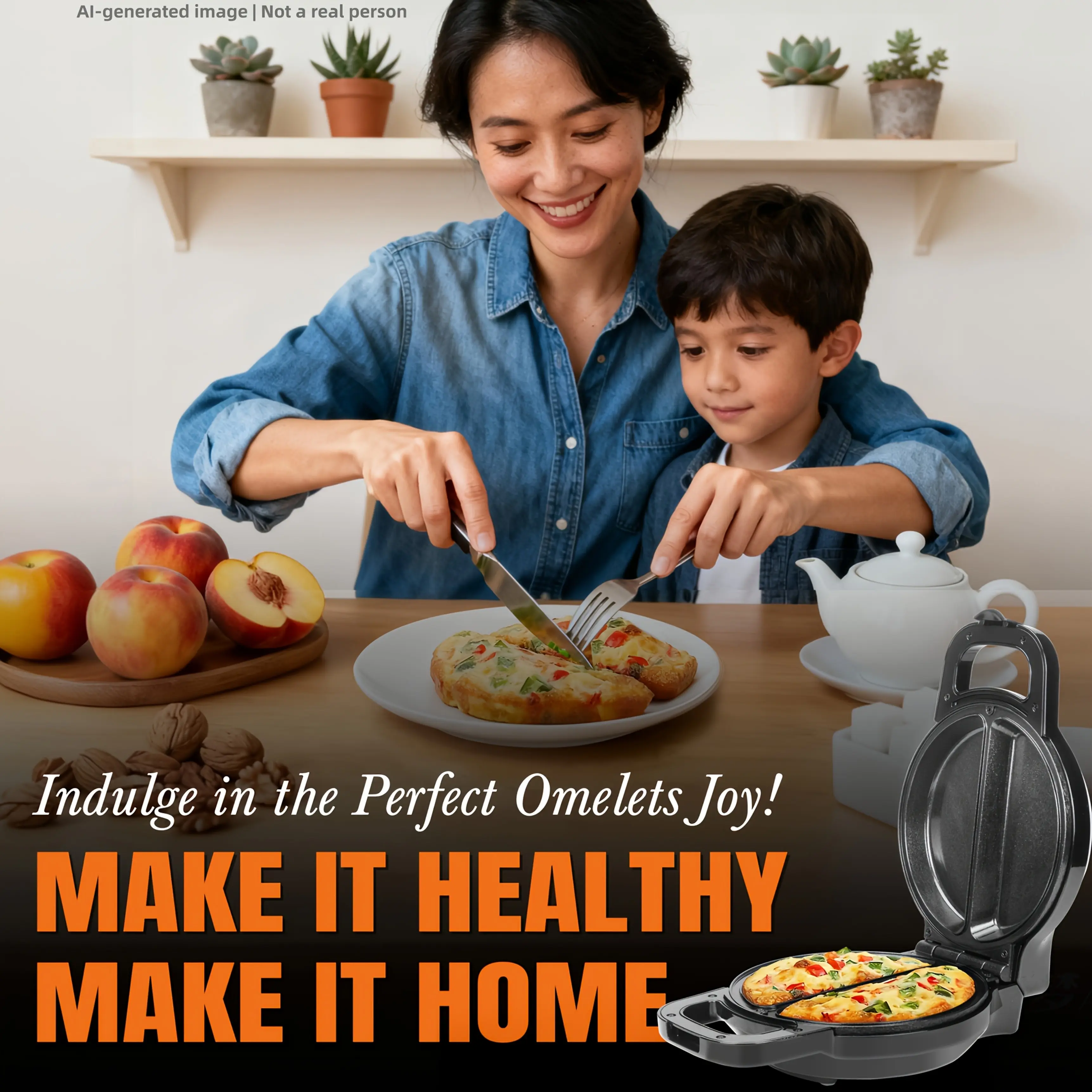 Double Omelette Maker - Dual 6.5" Non-Stick Plates For Omelets & Burritos, Flip Design, Blue