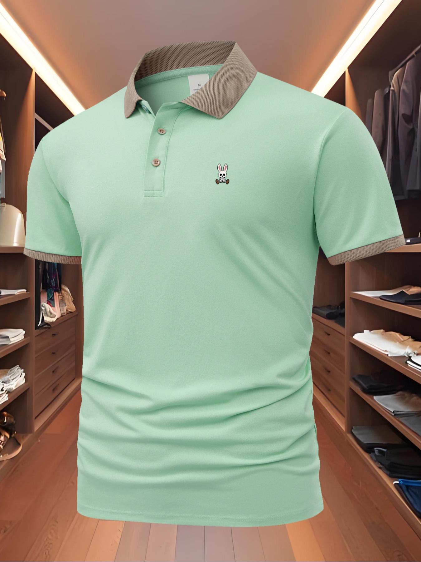 Men's Regular Fit Rabbit Print Polo Shirt, Casual Short Sleeve Collared Top for Summer, Fashion Men's Clothes for Daily Wear