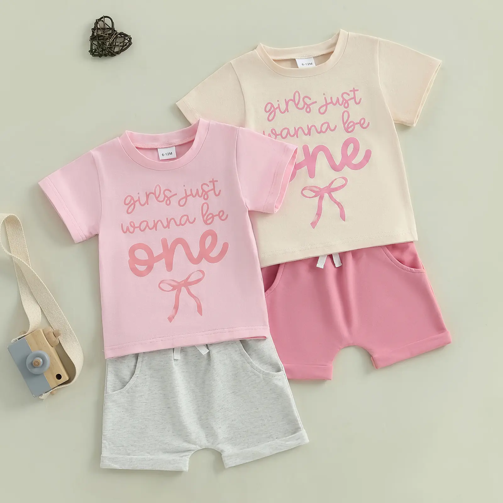 Baby Girl 1st Birthday Outfit Letter Bow Print Short Sleeve Round Neck Tops with Solid Color Shorts 2Pcs Set