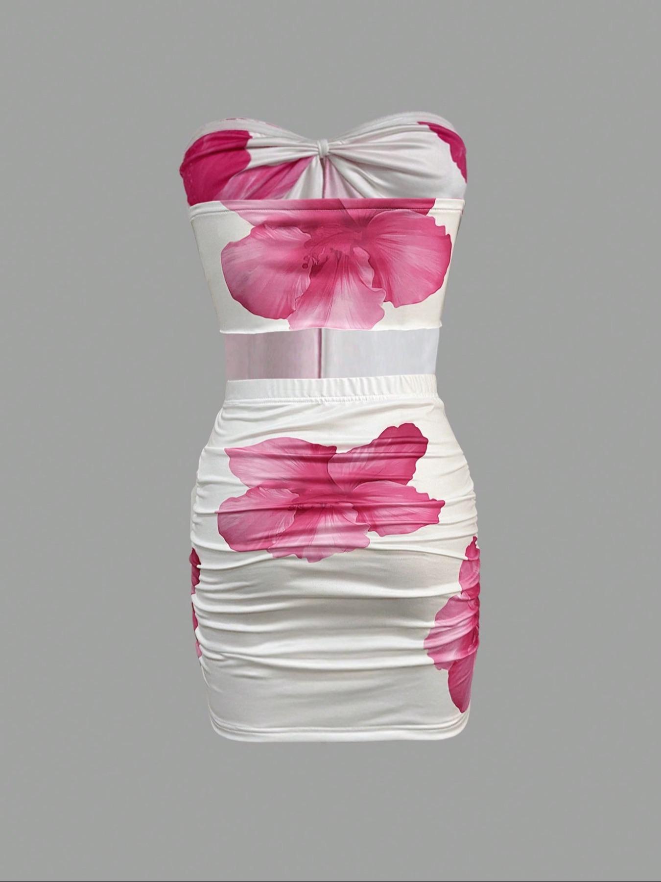 Women's Floral Print Tube Top & Bodycon Skirt Two-piece Set, Fashion Casual Strapless Crop Top & Skirt for Daily Outdoor Wear, Ladies Clothes for All Seasons