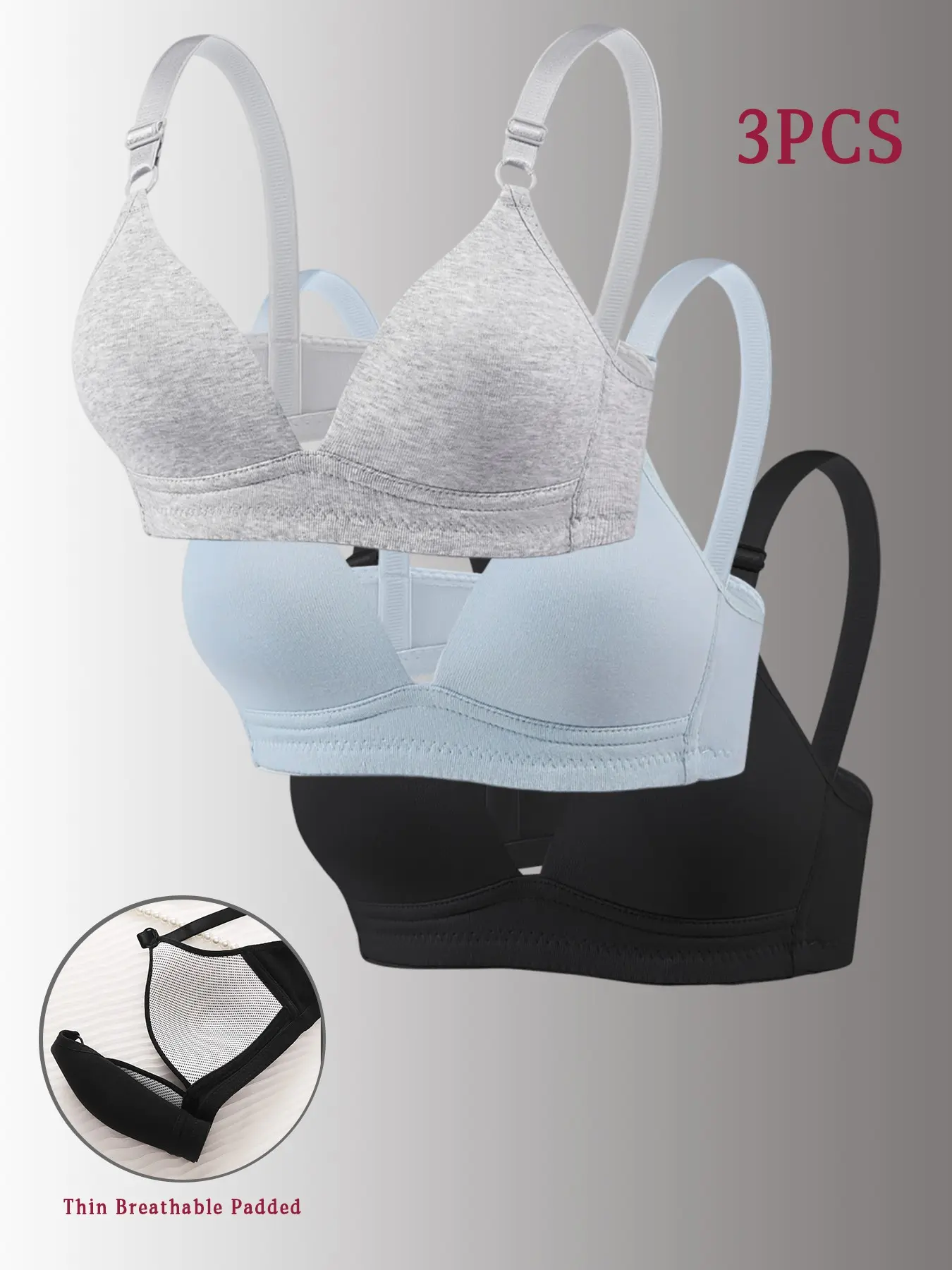3-Pack Teen Girl Bras, Wire-Free Push-Up Full Coverage, Adjustable Straps, Non-Removable Pads, All-Day Comfort, Elegant Lined Design