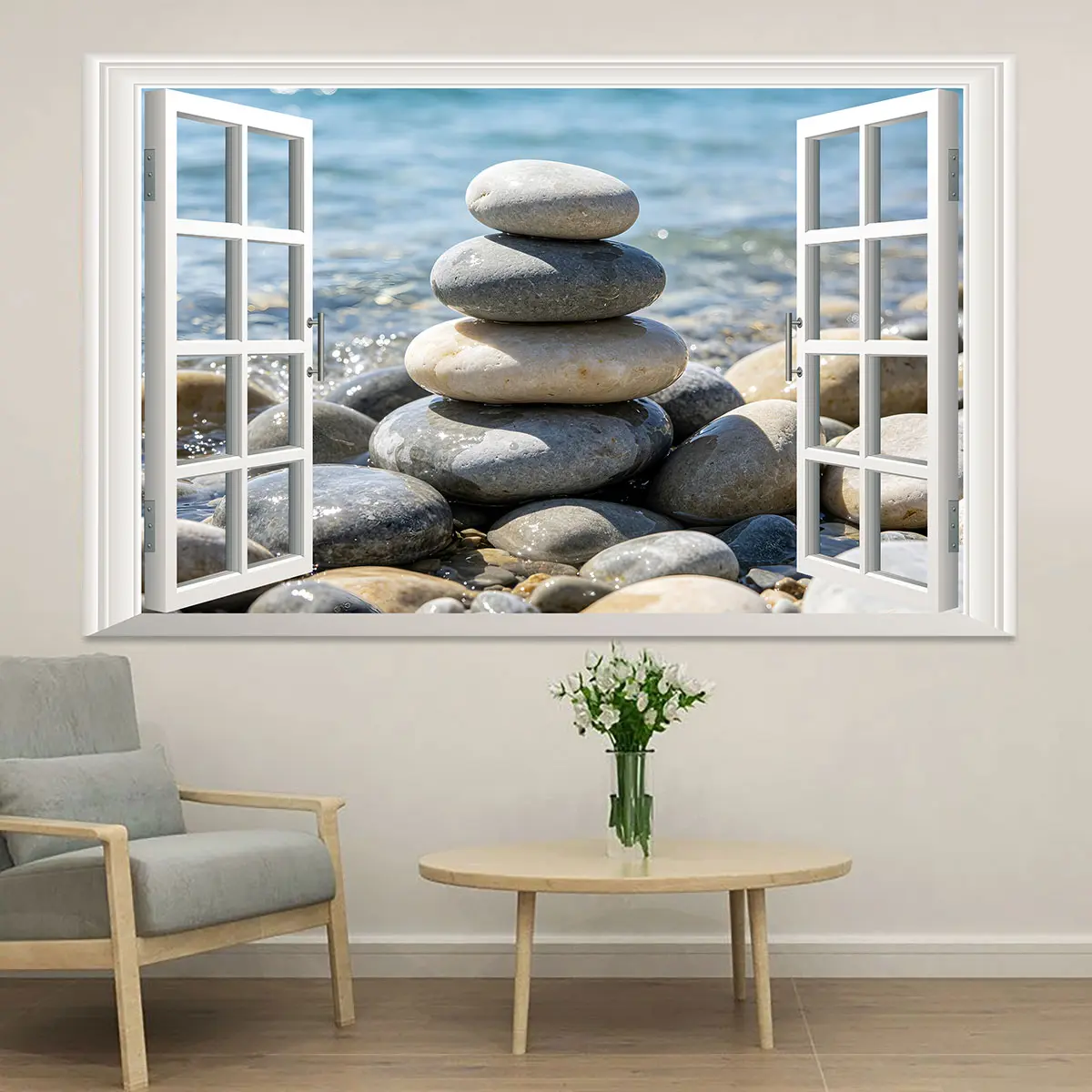 Seaside Pebble Fake Window Wall Sticker, Removable Peel And Stick Decal For Household Wall Decor
