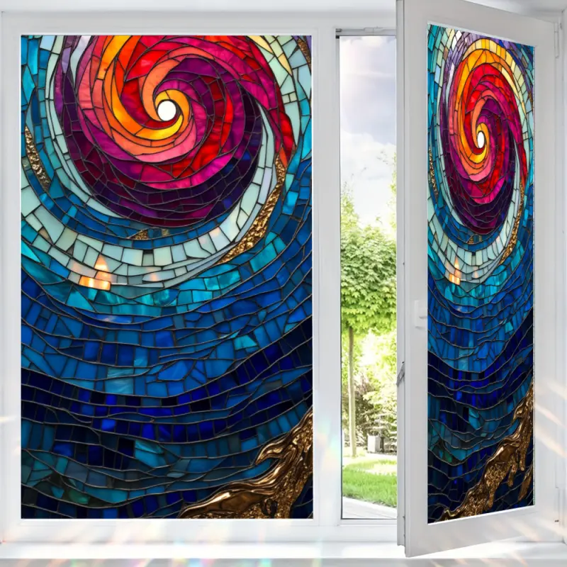 2D Flat Static Cling Colorful Spiral Mosaic Art Rectangular Ornament For Window And Door Removable Decoration Sticker Removable Window Decal