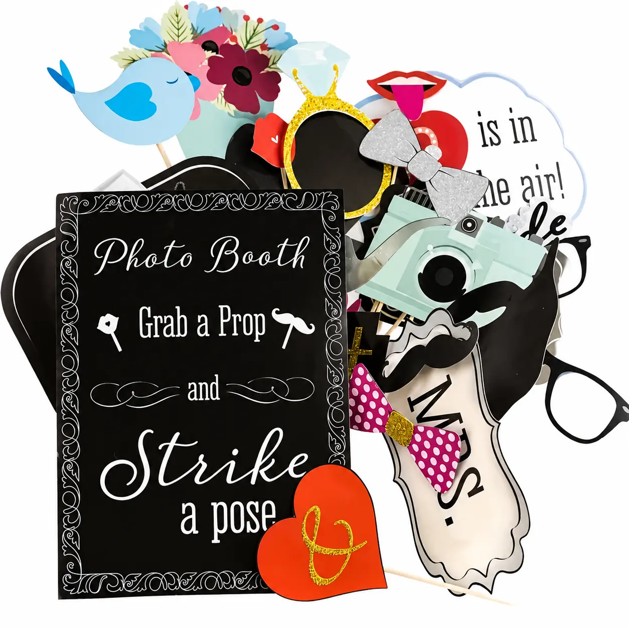31-Piece Photo Booth Prop Set for Weddings, Festivals, Parties, Halloween, and Christmas—Includes Hats, Glasses, Signs, and Themed Accessories for Fun Group Photos
