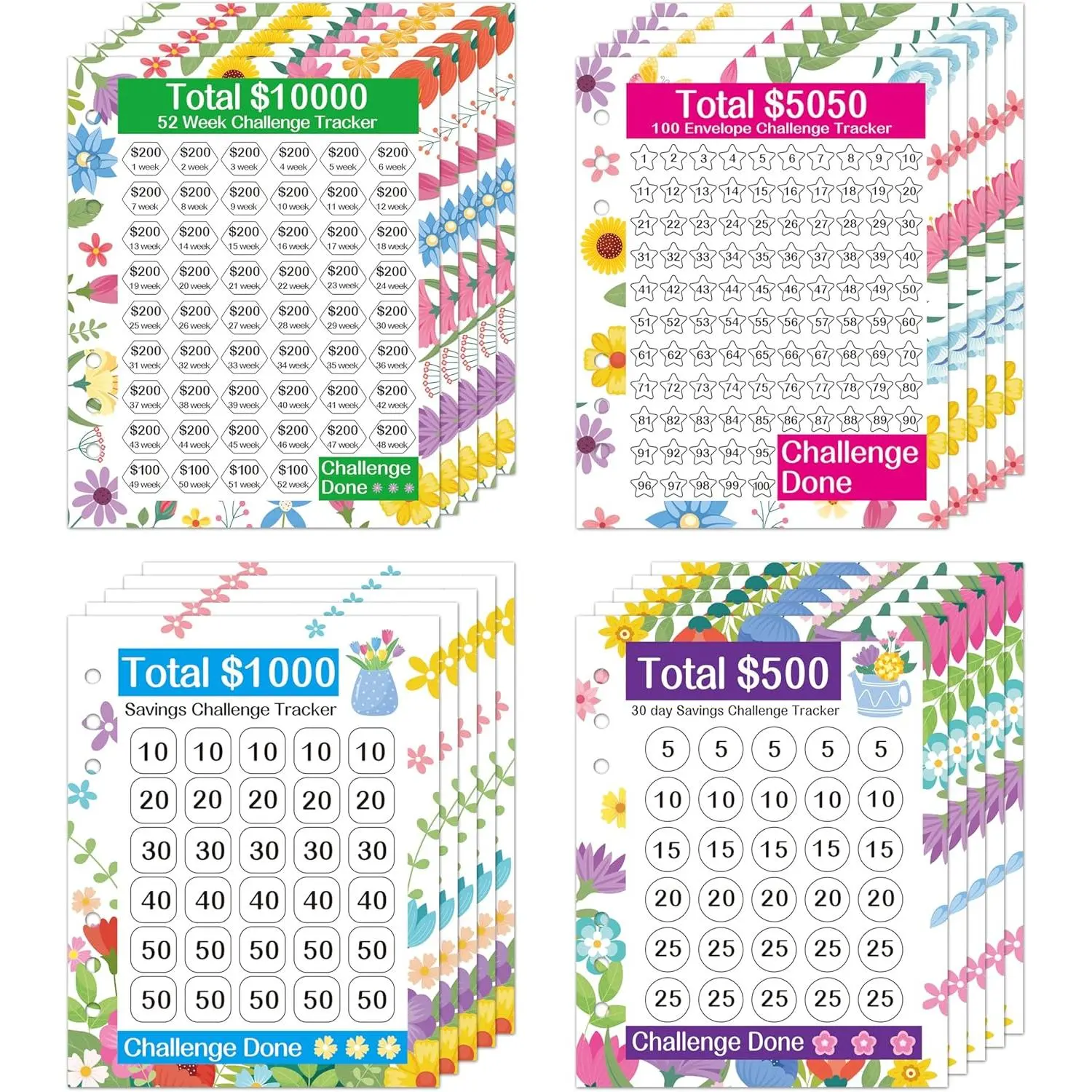 20 Sheets  Saving  Binder ,    Cards for 6 Ring A5 Binder, 4 Styles of Budget Cards for Savings   Planner  Saving Binder