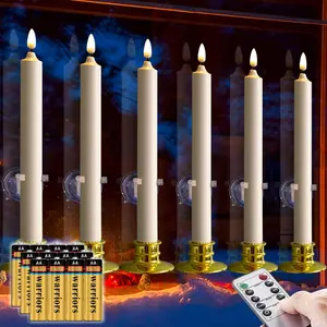 6 Pack Windows Candles with 12  (Include, Run  Than 400 Hours) + 6 Golden Removable Candlesticks + 6 Suction Cups, 10'' Flameless   Taper Window Candle with Remote/Timer