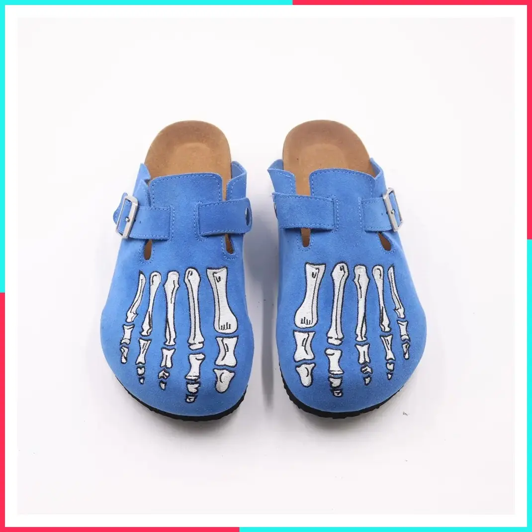 Casual Blue Clogs, Men's Comfort Cork Slides, Gothic Skeleton Embroidery Mules, Daily Wear Outdoor Footwear