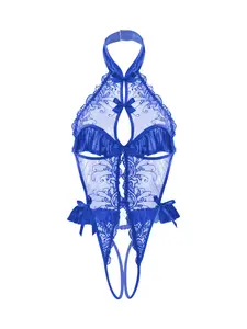 Women's Sexy Jumpsuit Lingerie with Floral Embroidery, Open Crotch Design, Sleeveless, Slim Fit, Party Wear, Sleepwear Set, Elegant Style