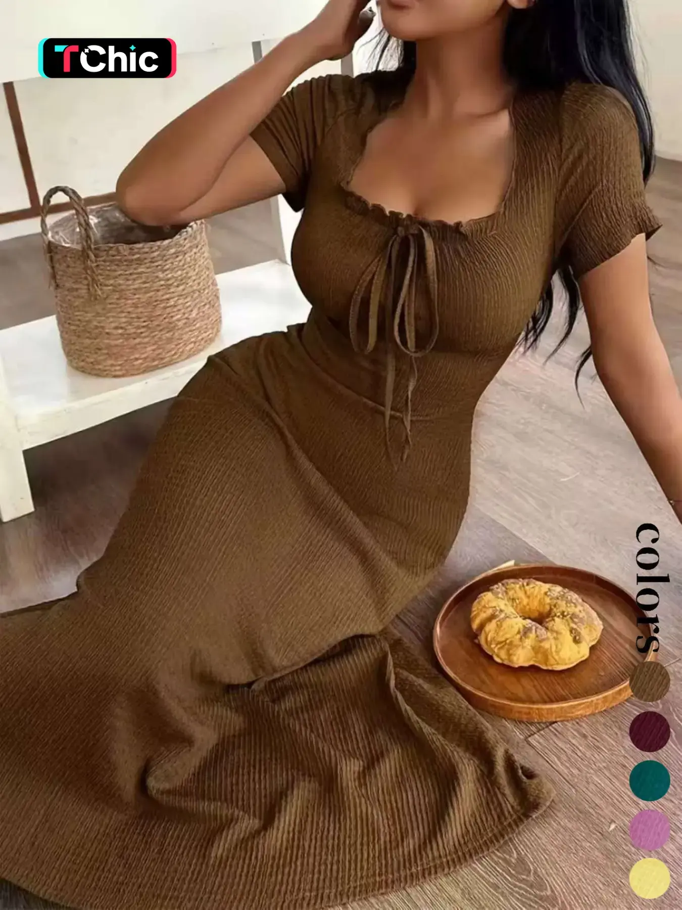 Women's Casual Long Dress Ruched, Slim Fit Short Sleeves Square Neckline Plain Design Basic Summer, Perfect for Daily Wear & Stylish, Ideal Gift Choice Womenswear Lady, Piece