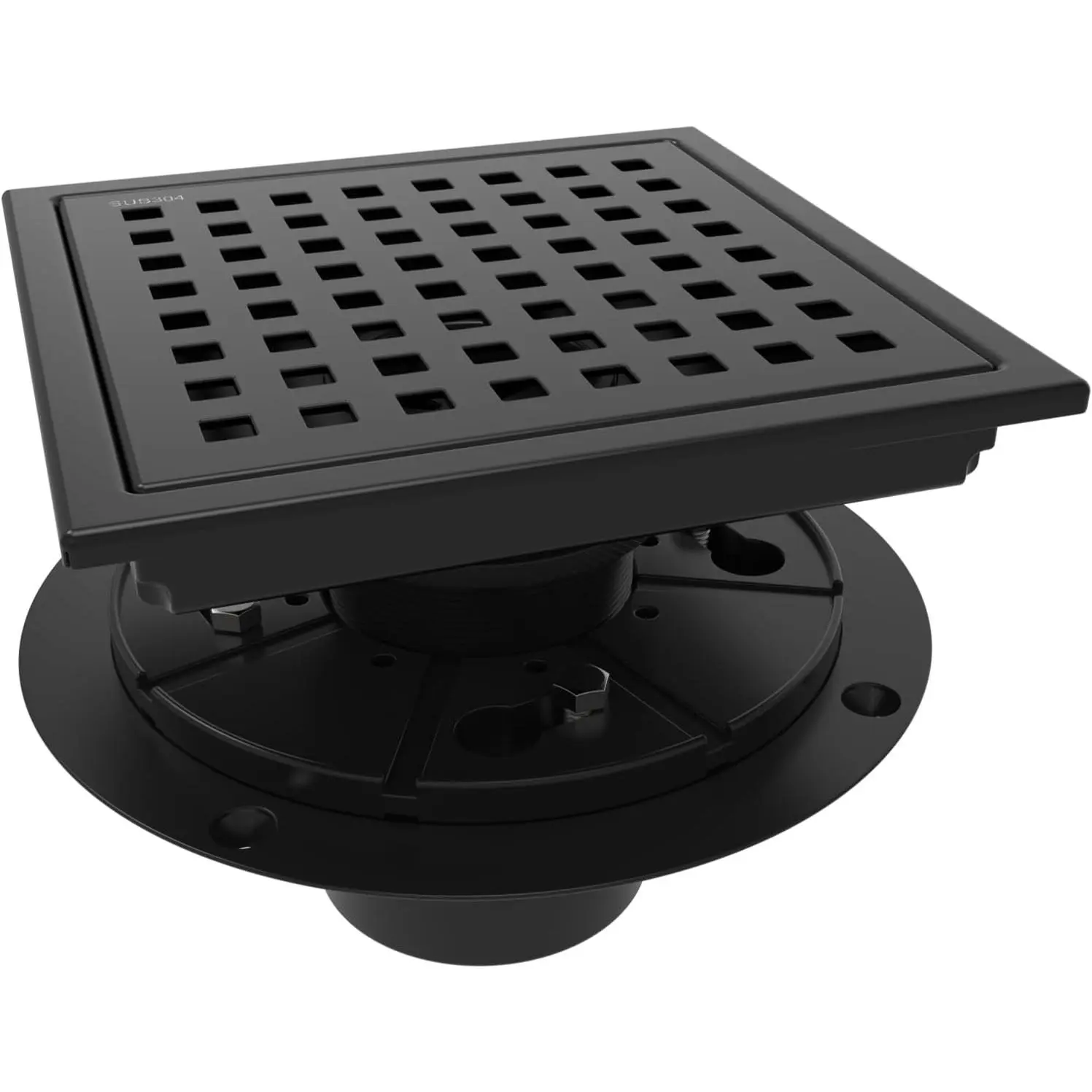 WEBANG 6 Inch Square Shower Floor Drain with Flange, Removable Quadrato Pattern Grate, Food-Grade SUS 304 Stainless Steel, Watermark & CUPC Certified, Matte Black