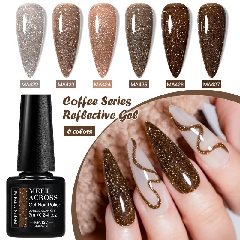 Reflective Gel Nail Polish Set, 6-color Mocha Brown Coffee Series Chrome Gel Polish Sparkling Broken Diamond Semi Permanent Gel Varnish, Soak Off UV/LED Nail Polish for Manicure Home Salon DIY
