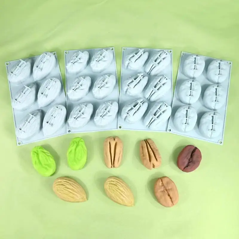 6-Cell Silicone Chocolate Mold Pistachios Pecan Coffee Bean Design Mousse Cake Mould Party Dessert Baking Tools Kitchen Bakeware