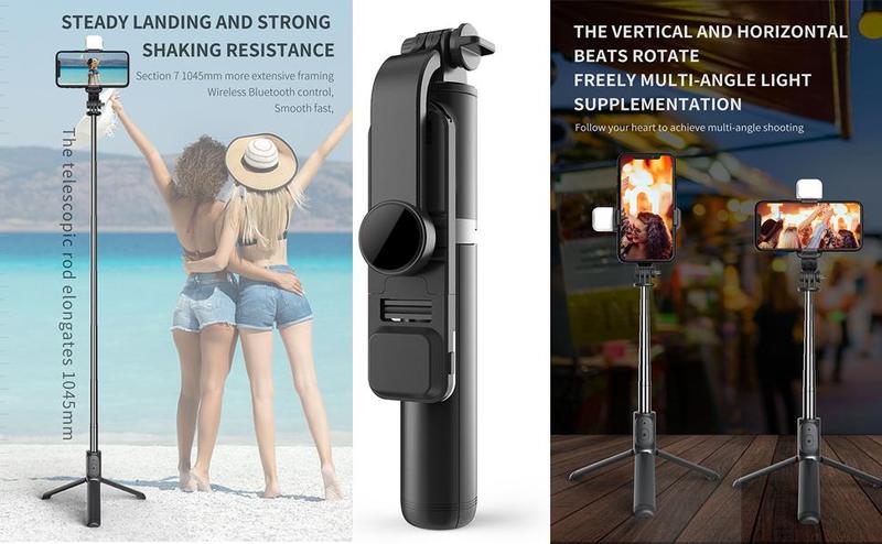 41" Cell Phone Selfie Stick Tripod, Smartphone Phone Holder Stand All-in-1 with Integrated Wireless Remote, Portable, Lightweight, Extendable for Video Recording for iPhone/Android (Black)