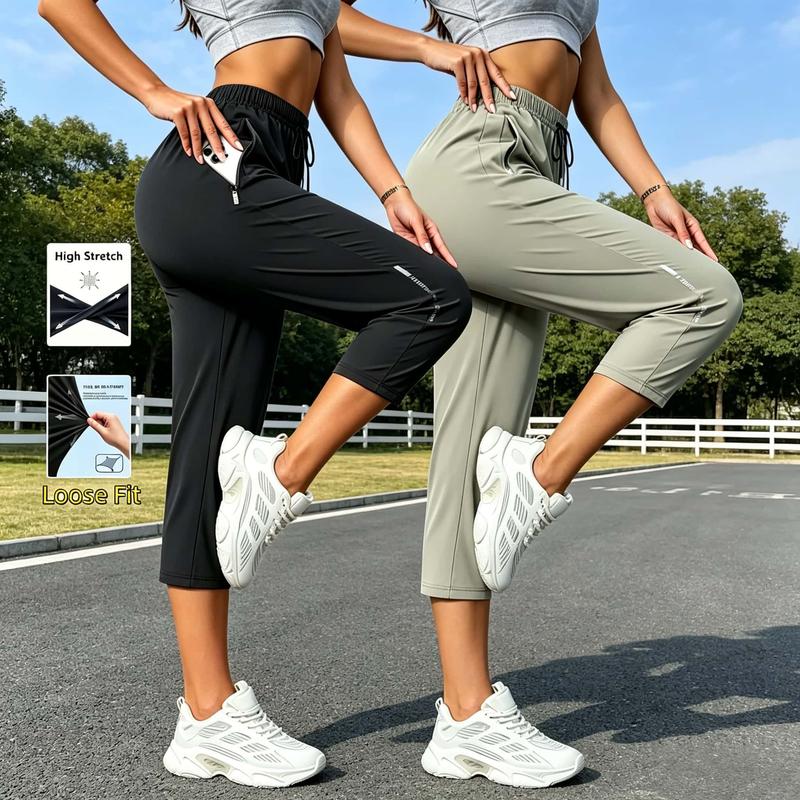 2PC Ladies' Summer Lightweight Running Cropped Shorts with Quick Drying and Breathable Features, Featuring Zippered Side Pockets and Drawstring Waist Circumference, Suitable for Both Fitness and Leisure