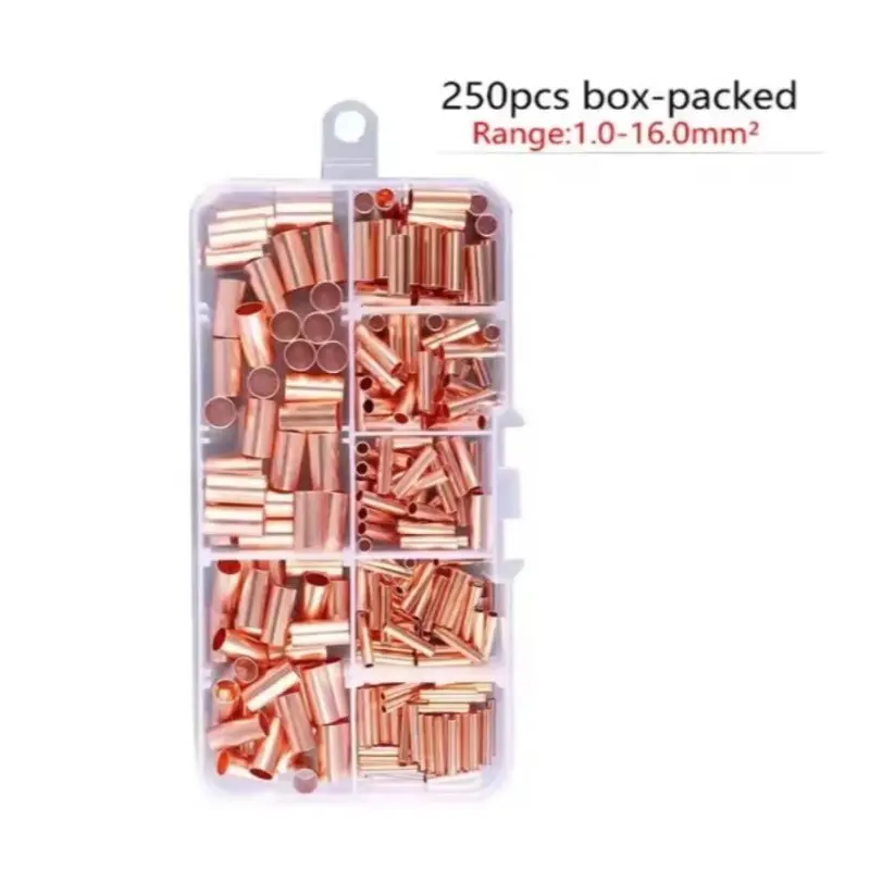 250pcs GT Copper Connecting Pipe Wire Joint Small Copper Tube Terminal Cable Lug Bootlace Ferrule Kit with Crimping Pliers Crimping Terminals Terminal Plug Kit