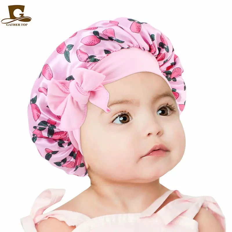 Viral Printed Silky Satin Baby Bonnet Infant Sleep Cap Anti Frizz Crib Friction Protection Wide Soft Stretch Band Cute Bow Toddler Hair Care Night Sleep