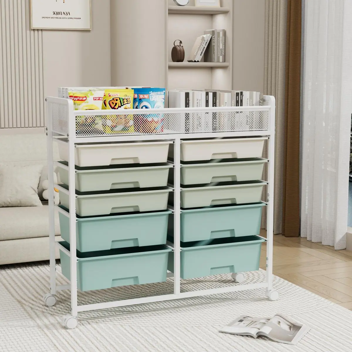 White Smooth Lightweight 2-Layer Sliding Organizer Double-Row 10-Drawer Rolling Cart - Carbon Steel Frame, Metal Mesh Top, Plastic Drawers, 360° Silent Swivel Casters, Basket, Room Decor-Friendly Utility Rack for Household Users’ Bathroom/Kitchen