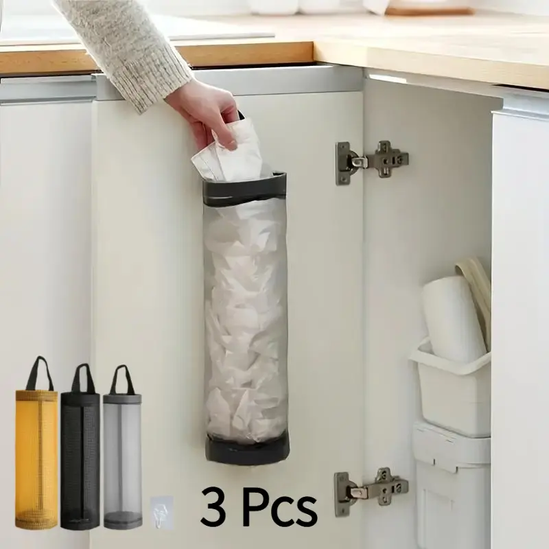 3 Pcs ! Mesh Hanging Storage Bag, 1 Count Foldable Breathable Organizing Plastic Bag Storage Bag, Kitchen Grocery Bag Holder, Home Organizer for Kitchen Dining Room Barbecue Home Supplies Bins