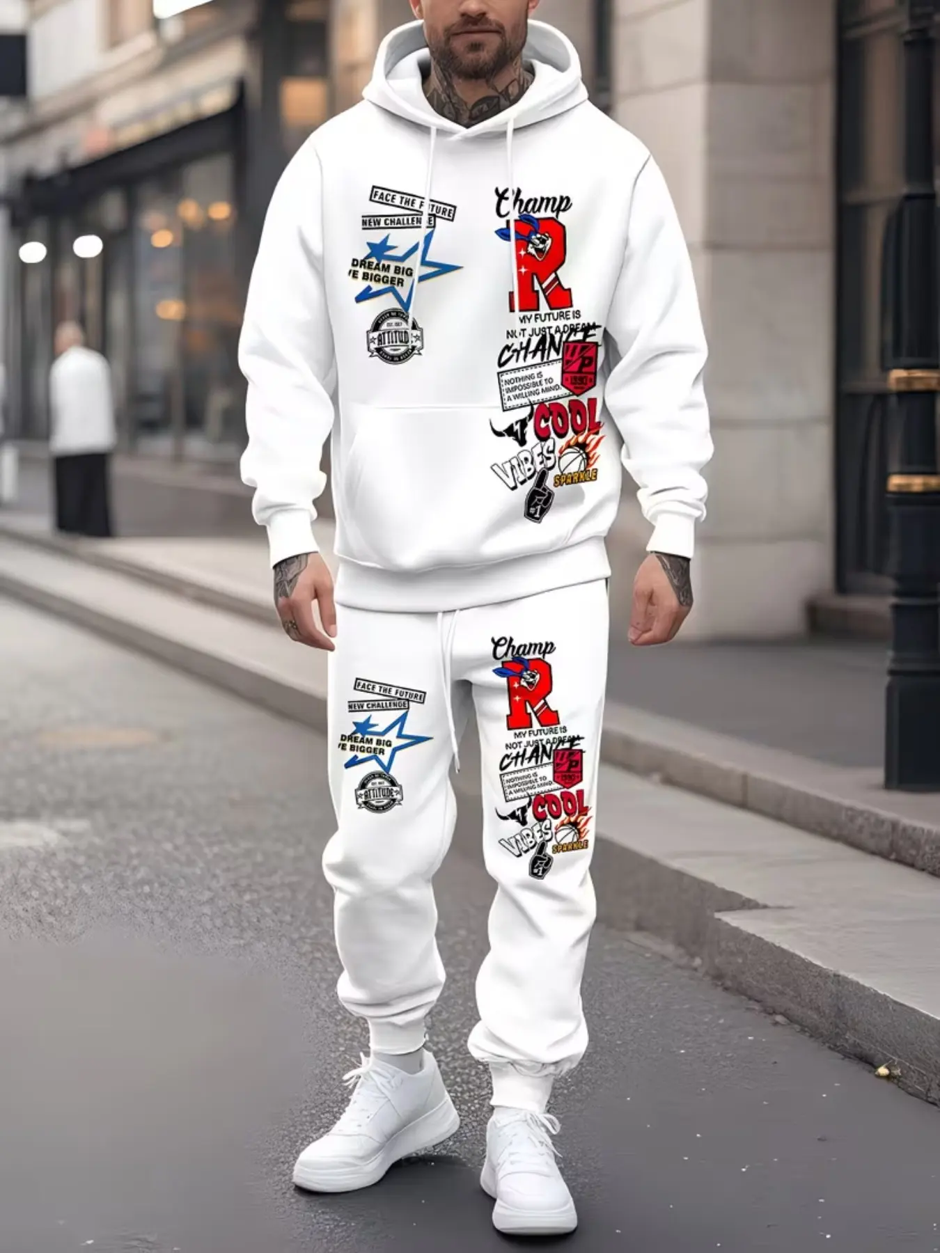 Men's Streetwear Hoodie Set, Letter Badge & Bunny Print, Casual Long Sleeve Sweatshirt + Pants, Fall Winter Fashion, Loose Fit