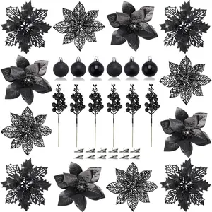 24-Piece Christmas Flower Decoration Set, Sparkling Berry Stems, Silver Color Clips, Home & Holiday Decor, Christmas Tree Ornaments