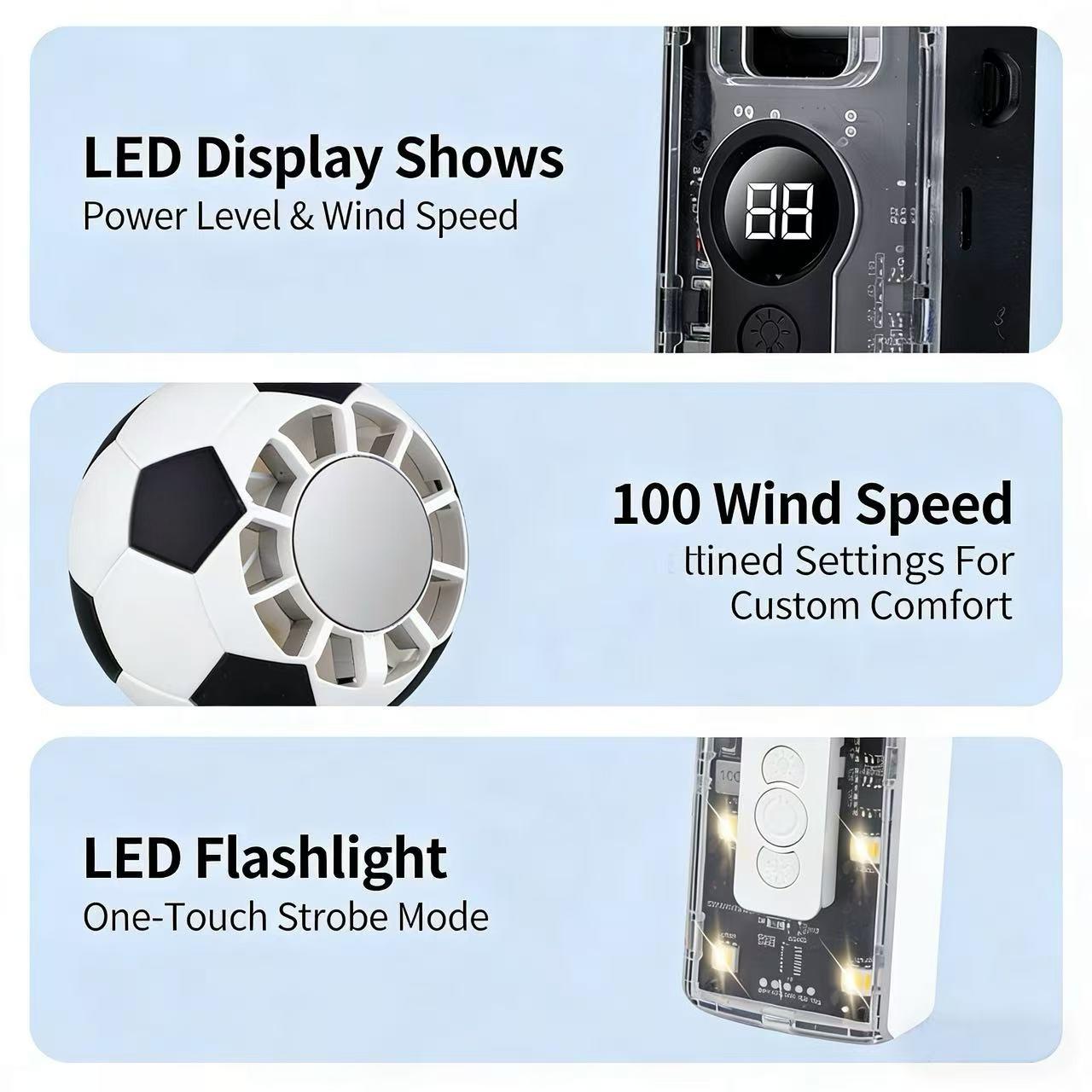 World Cup Compact Portable Handheld Cooler Fan Featuring Soccer Pattern Design & Adjustable Neck Strap, Integrated LED Light, 3600mAh Rechargeable Battery, Ideal for World Cup, Travel, Outdoor Sports, Office and Holiday Gifting