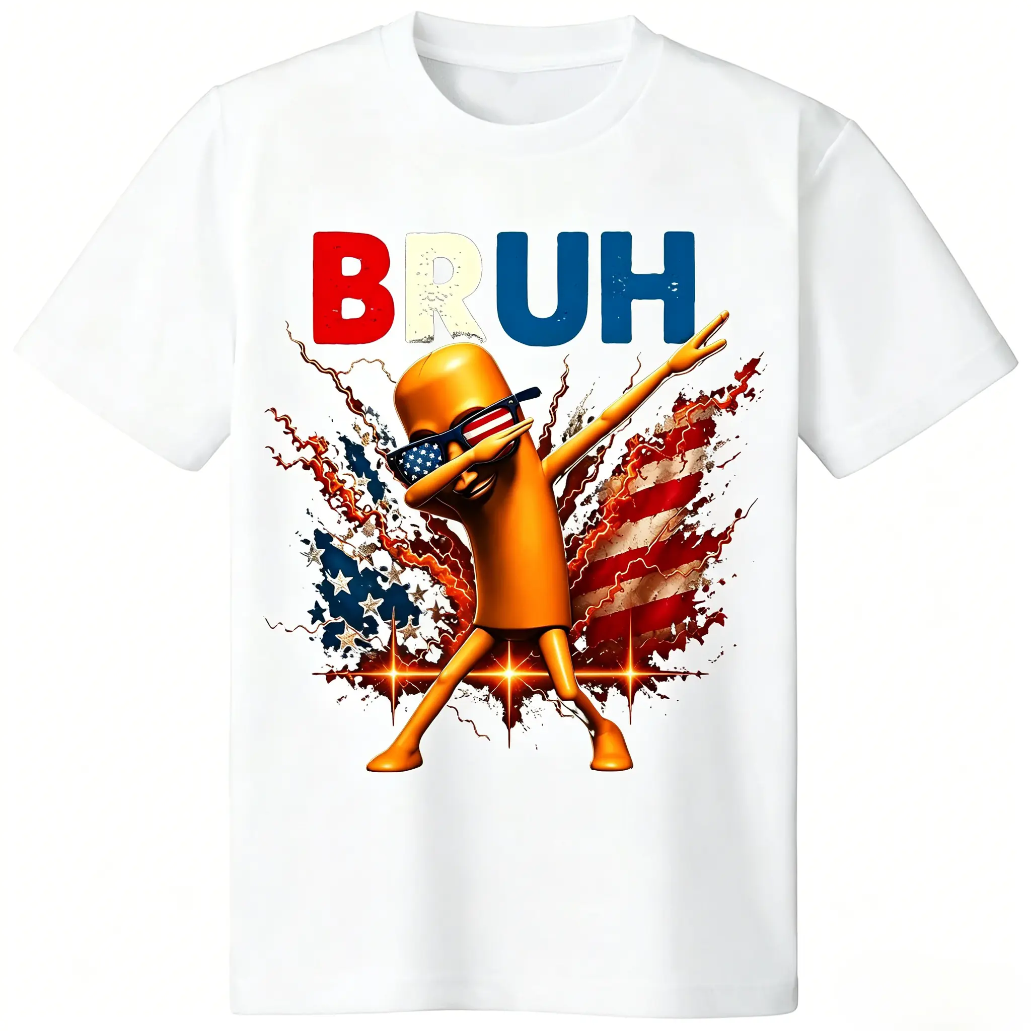 Patriotic Graphic Tee with Funny Dabbing Hot Dog US Flag Print - Unisex Natural Cotton Shirt for 4th of July Vibe