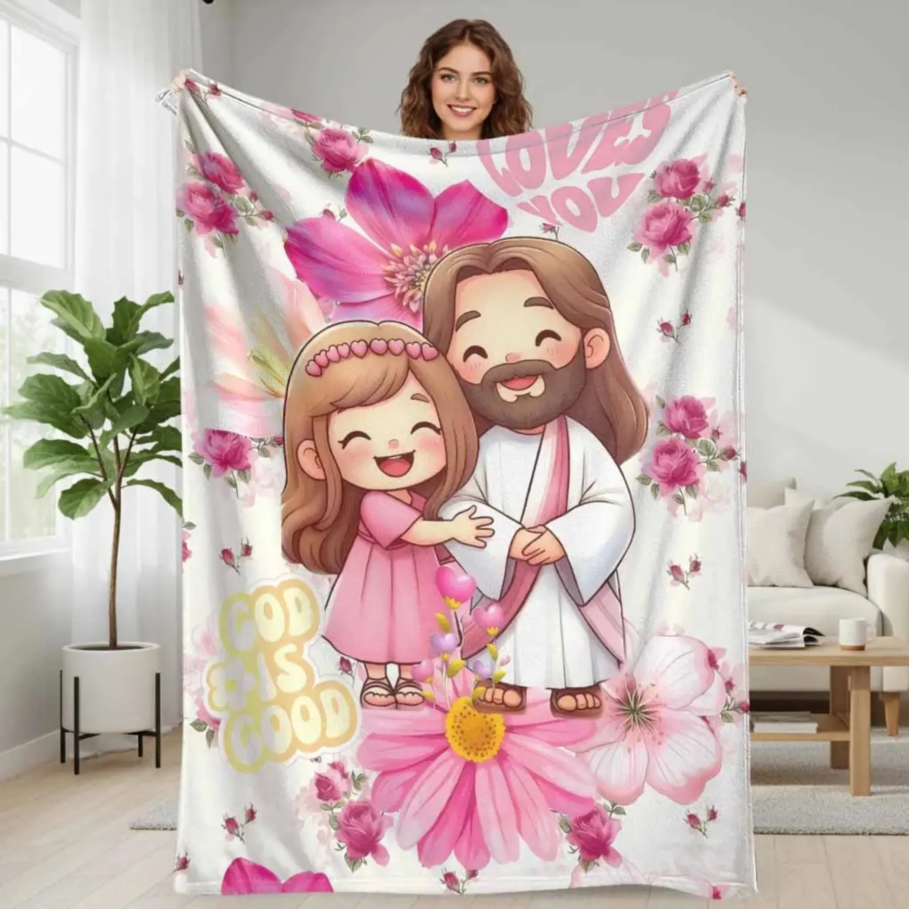 Cartoon Faith and Love Flannel Blanket Pink Floral Heart Cute Hugging Girl Print Soft Plush Fleece Throw Cozy Y2K Coquette Room Decor Bedding Sofa Prayer Church Gift Blessing