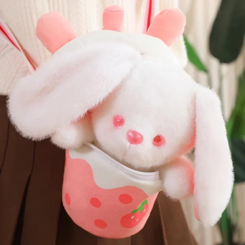 Stuffed Funny Bunny Bear Plush Doll Strawberry Carrot Rabbit Plush Toy Soft Bear in Milk Tea Bag Creative Kids Birthday Gift