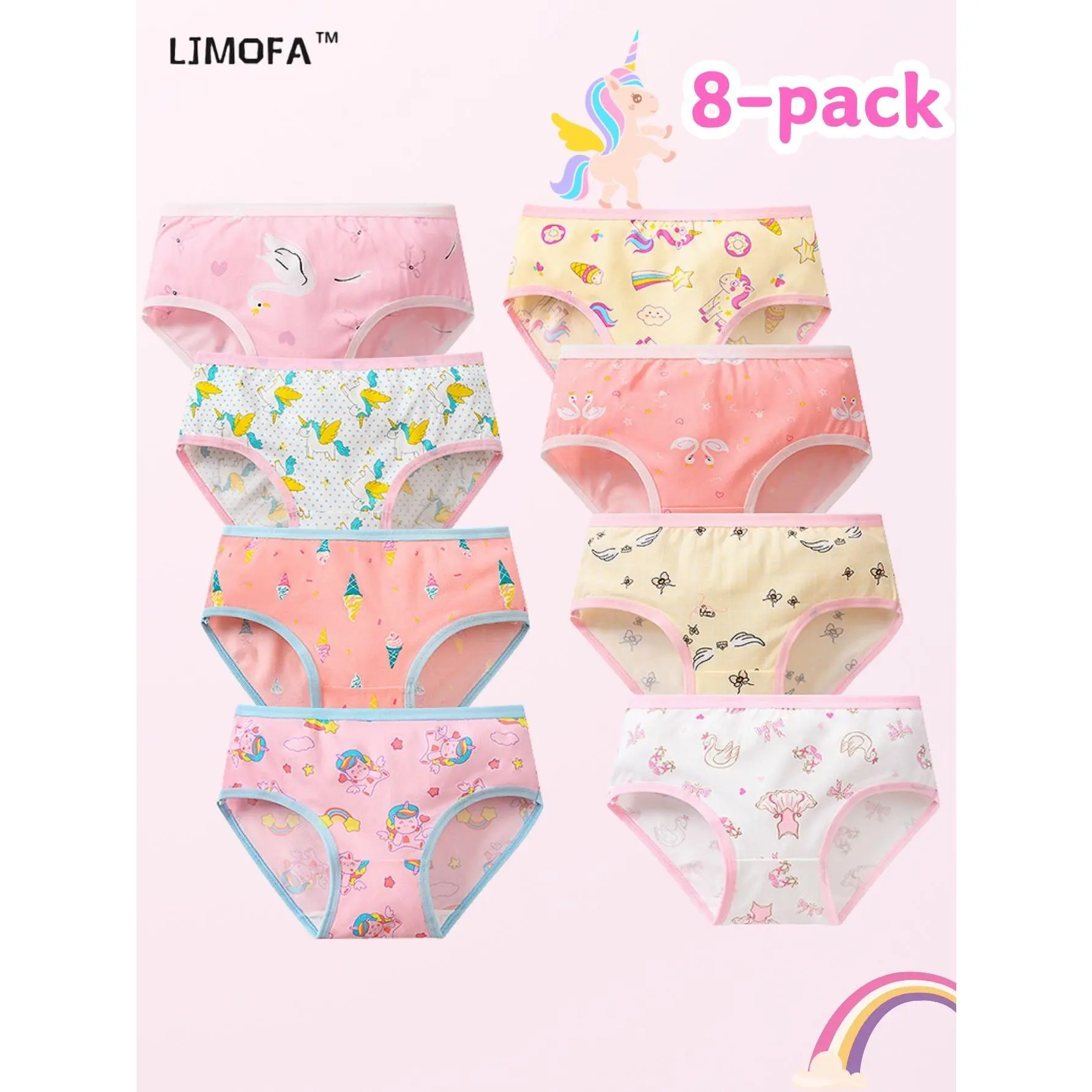 Girls' 8-Piece Cute Regular Briefs, Soft Quick-Dry Underwear with Swan & Unicorn Cartoon Print for Ages 3-12
