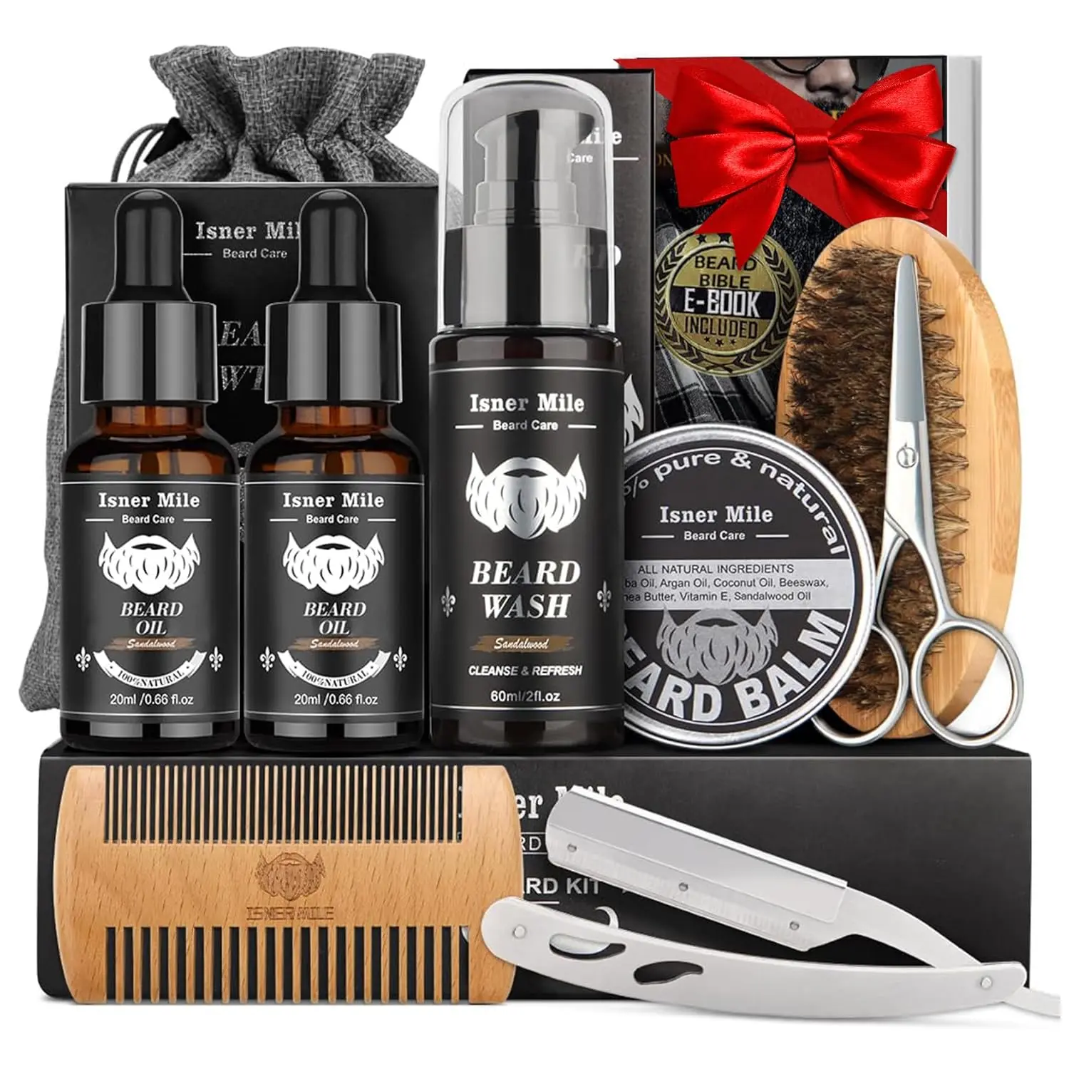 Isner Mile Men's Beard Grooming Kit with Beard Tools - Oil, Balm, Wash, Brush, Comb, Straight Razor - Husband Christmas Stocking Stuffer Gift
